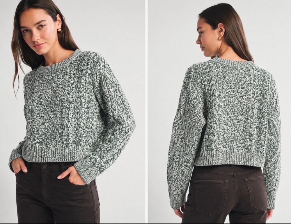 Abercrombie Fitch Cropped Crochet Knit Sweater Chunky Green White Womens Size XL